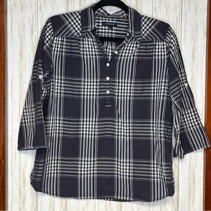 Lands’ End Dusty Blue/Gray Plaid Button-Front Shirt 3/4 Sleeves Size S (6-8)